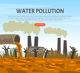 Sticker - Nature pollution landing page. Contamination of environmental by toxic effluents, water waste and disposals webpage cartoon vector