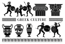 Greek Culture Set. Collection Of Silhouettes Of Men With Shields And Weapons. Antique Dishes And Columns. Warriors In Helmets Fight. Cartoon Flat Vector Illustrations Isolated On White Background