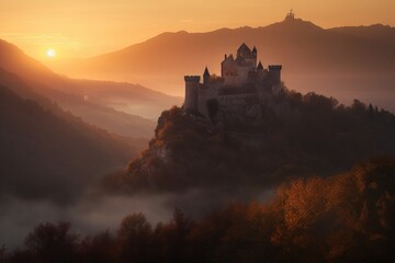 Wall Mural -  a castle in the middle of a foggy valley at sunset with the sun in the distance behind the castle on a hill with trees.  generative ai