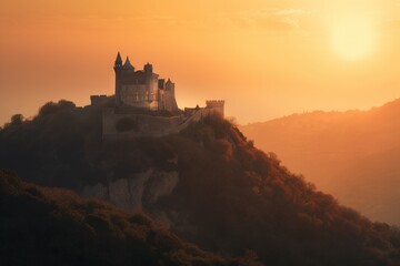 Wall Mural -  a castle sitting on top of a hill with a sunset in the backgroup of it's head and the sun behind it.  generative ai