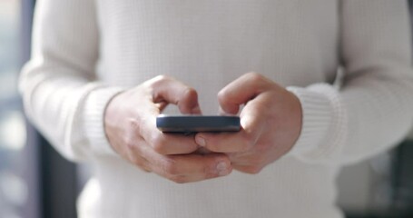 Wall Mural - Hands, man and smartphone for typing, social media and connectivity. Closeup, male and guy with phone for communication, online reading and search internet for chatting, texting or cellphone to relax