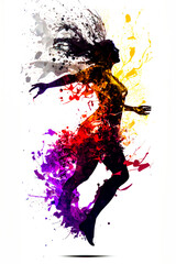 Wall Mural - Woman running with colorful paint splatters on her body. Generative AI.