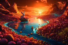 Easter Bunny And Eggs, Sunset Over The Sea  In A Strange World Made In Chocolat 