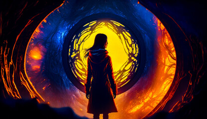 Poster - Woman standing in front of fire filled tunnel. Generative AI.