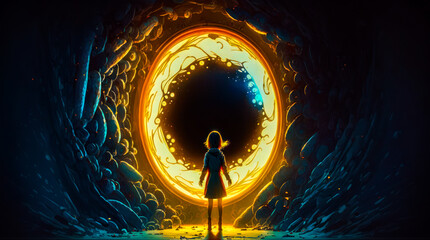 Girl standing in front of glowing circle. Generative AI.