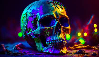 Wall Mural - Brightly colored skull sitting on the ground. Generative AI.