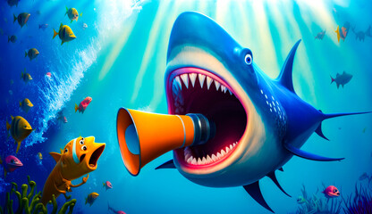 Wall Mural - Cartoon shark with megaphone in its mouth. Generative AI.