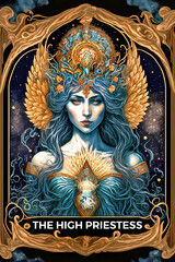 High priestess. Classic Tarot card. Digital printable illustration. Generative AI