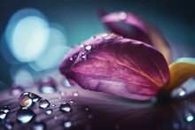  A Purple Flower With Water Droplets On It's Petals And A Blue Background With A Light Reflection On The Petals And The Water Droplets On The Petals.  Generative Ai