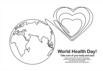 Wall Mural - World health day. Continuous one line drawing of heart and globe on white background.