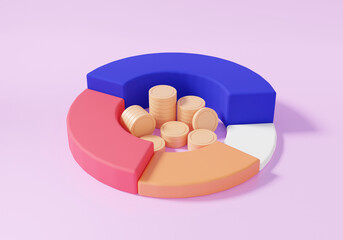Fototapete - 3D chart with stack coins, financial graph economics analytics deposit money management. Cost statistics reduction saving education concept. on pink background. 3d render illustration