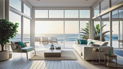 Wall Mural - generative ai illustration of a modern living room with view to the beach on a sunny day