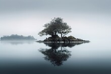  A Lone Tree On A Small Island In The Middle Of A Body Of Water With A Foggy Sky In The Background And A Few Trees In The Foreground.  Generative Ai
