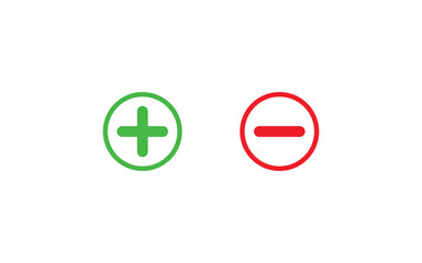 Plus and minus icons. Up and down buttons icons in a circle. Positive negative vector illustration. Flat icons isolated on white background.