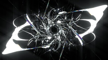 Wall Mural - 3d render of abstract art loop animation video with transform rotating fractal diamond crystal alien star flower in curve lines forms in glass material with color dispersion effect on black background