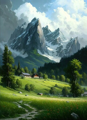 a painting of a green field with a mountain in the background, scenery artwork, nature landscape, art illustration 