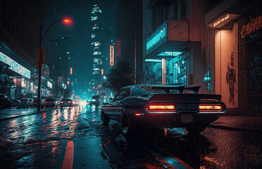 a car driving down a city street at night, cyberpunk, futuristic generative ai concept art 