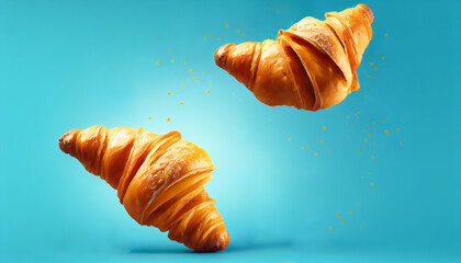 Two croissants with crumbs flying in the air on a light blue background, generative AI