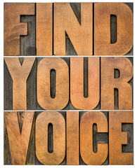 find your voice - isolated word abstract in letterpress wood type, personal development and creativity concept
