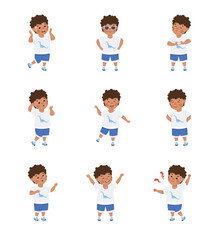 Poster - Cute little boy expressing different emotions set. Dark haired curly boy dressed casual clothes showing various face expression cartoon vector illustration