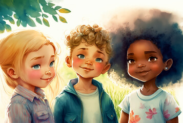 Wall Mural - Portrait of cute children in the garden. Watercolor painting. Generative AI