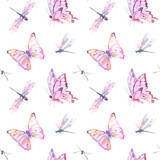 Fototapeta Koty - Watercolor Seamless Pattern with Romantic Flying Dragonflies and Butterflies on white background. Cute illustration for wallpaper, textile or wrapping paper.
