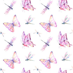 Watercolor Seamless Pattern with Romantic Flying Dragonflies and Butterflies on white background. Cute illustration for wallpaper, textile or wrapping paper.