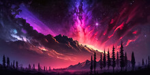 Fantasy Landscape With Mountains And Polar Lights In The Night Sky. Generative AI