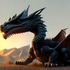 Wall Mural - Baby dragon in a morning, the epic battle evil concept art