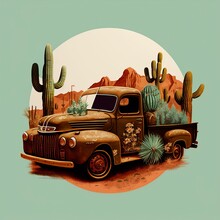 Illustration, Truck With Wood And Cactus, Ai Generative