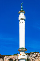 The spire of Ibrahim-al-Ibrahim Mosque also known as the King Fahd bin Abdulaziz al-Saud Mosque in Gibraltar, UK