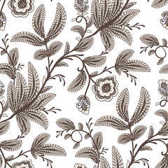 Wall Mural - Lace embroidery floral seamless pattern. Fantasy baroque brown print with leaves and flowers. Hand drawn oriental fabric. Vector decorative background. Reticulate textile.