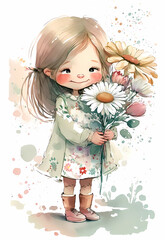 Wall Mural - Cute little girl with a bouquet of daisies. Watercolor painting, wall art, nursery art. Generative ai