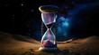 Hourglass with Purple Sand in Desert, Blue Galactic Cloud and Dark Sky, generative ai