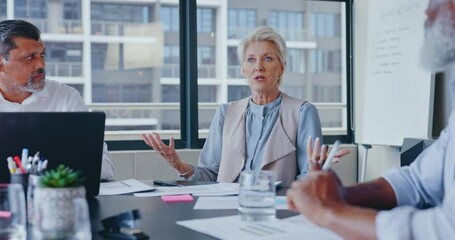 Poster - Senior woman, leadership and business meeting, creativity collaboration and happy teamwork discussion in modern office. Marketing team, mature woman and laughing for presentation or management plan