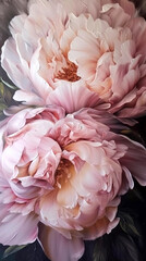 Poster - Vertical oil painting of pink peony flowers, impasto, huge close-up, generative ai