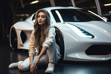 Beautiful girl near luxury sports car, sexy rich woman and futuristic auto, generative AI