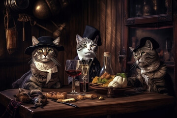 Cats wearing vintage outfit sitting in old tavern, funny pets, generative AI