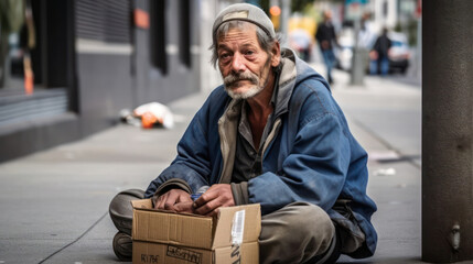 a beggar and homeless man sits on the pavement in the city with a cardboard sign. generative AI 