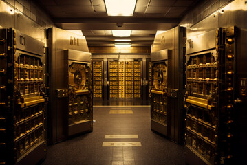 Bank vault door. Safe deposit boxes room in bank vault. Inside in Bank vault room with Dollars and euro money. Store Gold in storage. Federal Reserve Bank, Ai Generative illustration.