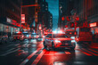 Police lights and Police car in New York. Police car with red and blue emergency. Emergency vehicle lighting. LED blinker flasher Police car. Road traffic jam accident. Crime in City. Ai Generative