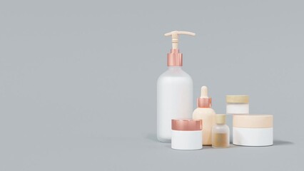 Wall Mural - group of different beige and white glass and plastic cosmetic bottles and jars 3d render