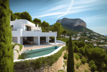 Villa In Altea Hills, Spain, Costa Blanca. Luxyry Villa With Swimming Pool In Mountains. Modern Apartment Buildings, House Facade Exterior Design. Ai Generative Illustration.