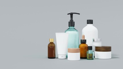 Wall Mural - group of different white and brown glass and plastic cosmetic bottles and jars 3d render