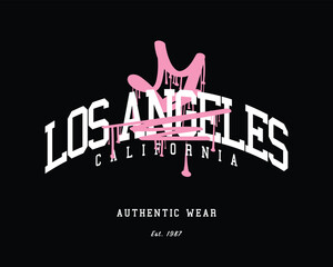 Los Angeles California America slogan text. College style typography and pink crown drawing. Vector illustration design for fashion graphics, t-shirt prints.