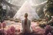 © Trinette Reed - Woman wearing a dress meditating in a mystical garden surrounded by crystals and flowers.