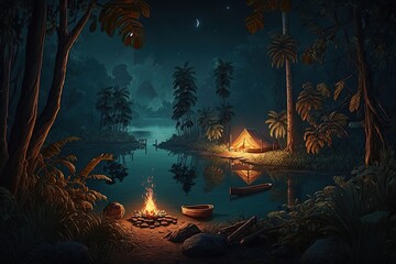 Campsite with bonfire in jungle at night. Ai. Dark rainforest landscape with lake or river