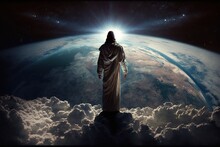 Jesus As The Redeemer Watching Over The Earth From Space, Created With Generative AI Technology