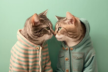 Studio Portrait Of Two Cats In Casual Clothes Kissing Created With Generative AI Technology