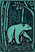 Lithograph Style Blue Print Of A Bear In The Forest, Storybook Illustration Style Wildlife. Generative AI. 